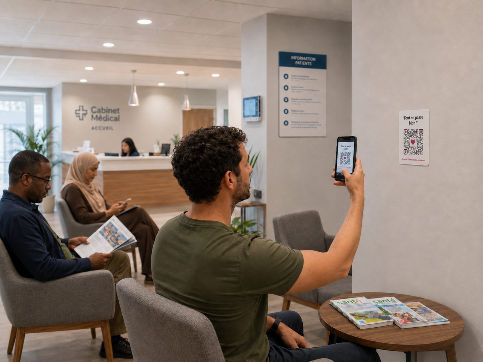 Dans une salle d'attente, un patient scanne le sticker Mood collé au mur
