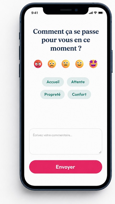 L'interface Mood sur un smartphone : humeur à choisir, thèmes à cocher, commentaire libre