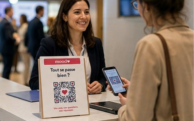 À l'accueil d'un congrès, une participante scanne le chevalet Mood posé sur le comptoir
