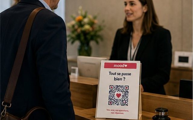 Au comptoir de la conciergerie, un chevalet Mood posé près de l'hôtesse