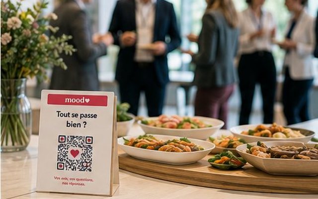 Sur le buffet du déjeuner, un chevalet Mood invite les participants à donner leur avis
