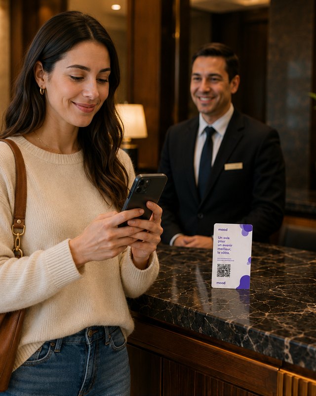À l'hôtel, une cliente scanne le sticker Mood, l'accueil lui sourit