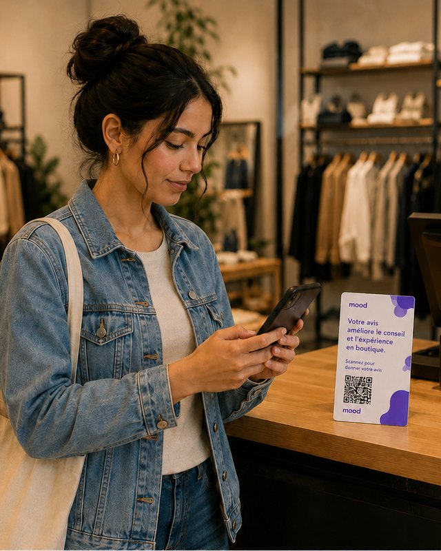 Dans un commerce, une cliente scanne le sticker Mood en caisse