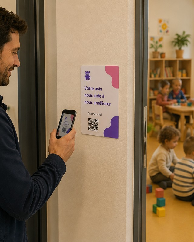 En crèche, un parent scanne le sticker Mood : votre avis nous fait grandir