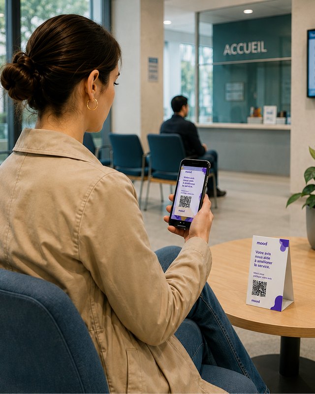En espace d'attente, une usagère scanne le sticker Mood : votre avis nous aide à mieux vous accompagner