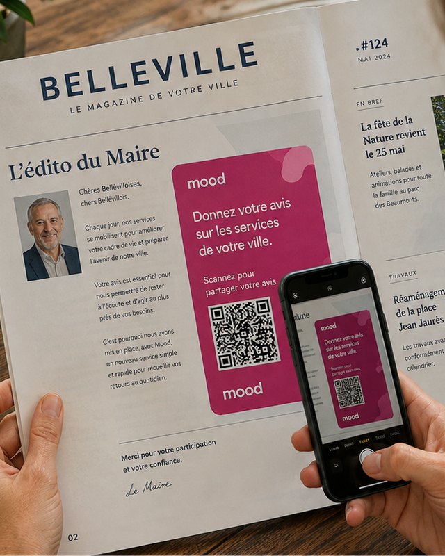 Le sticker Mood intégré au magazine municipal de Belleville, avec QR code et invitation à donner son avis