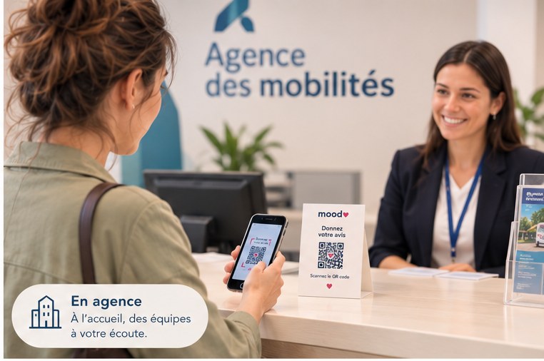 Un chevalet Mood sur le comptoir d'une agence des mobilités.