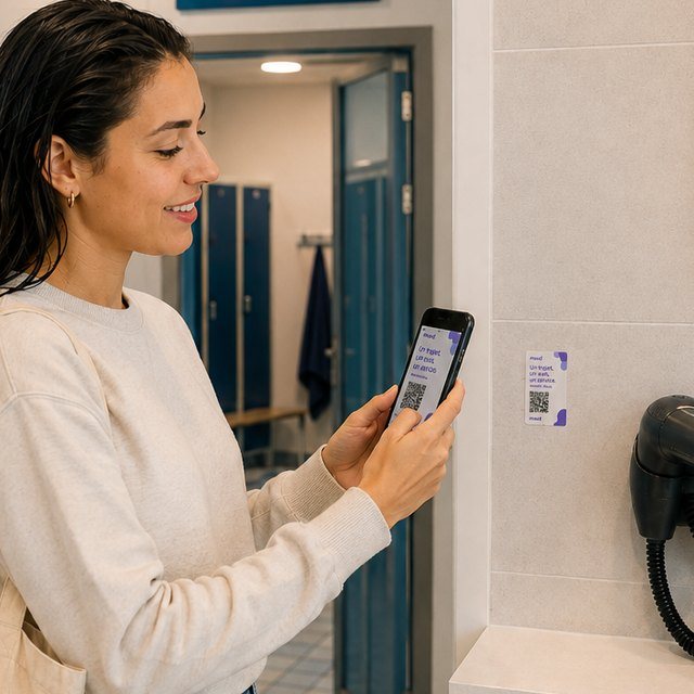 Aux vestiaires d'une piscine municipale, une usagère scanne le sticker Mood